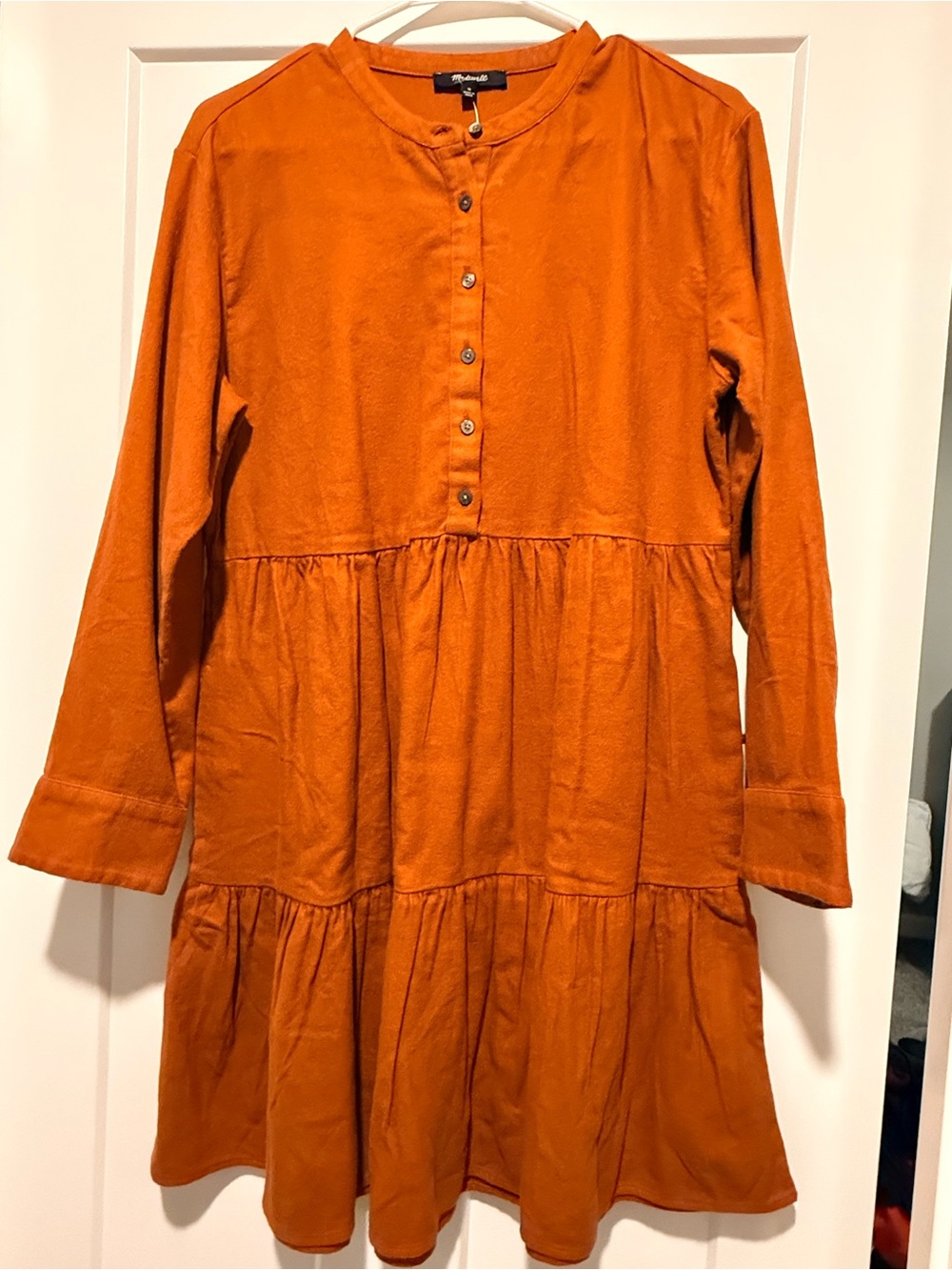 Madewell Long-Sleeve Tiered Dress in Rust